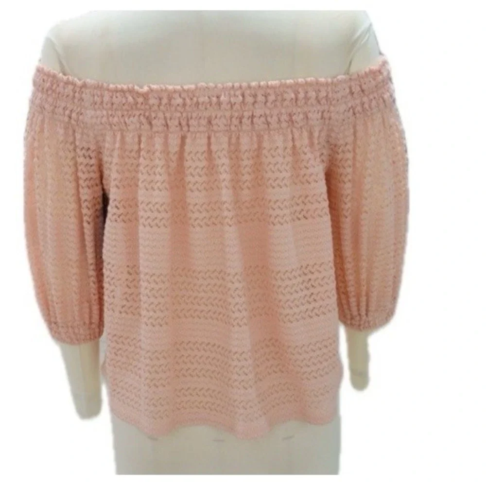 Anthropologie Blue Tassel Off-Shoulder Pink Blouse Womens Sz S Coquette Romantic